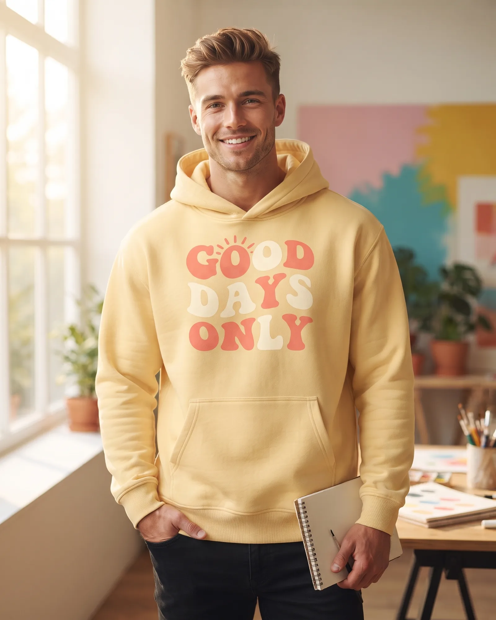 Freshirt Good Days Hood butter-yellow — on model