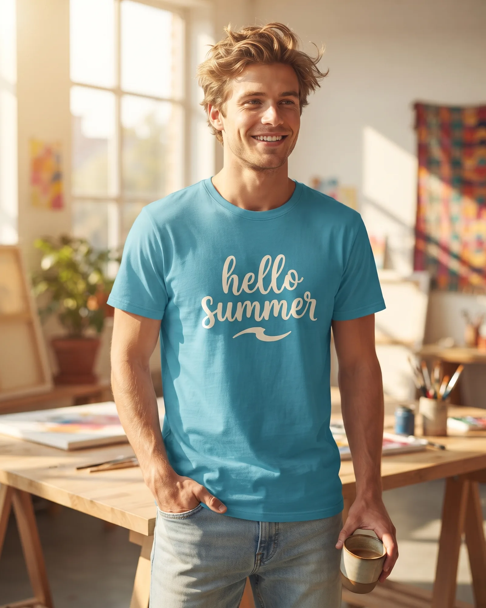 Freshirt Hello Summer Tee turquoise — on model